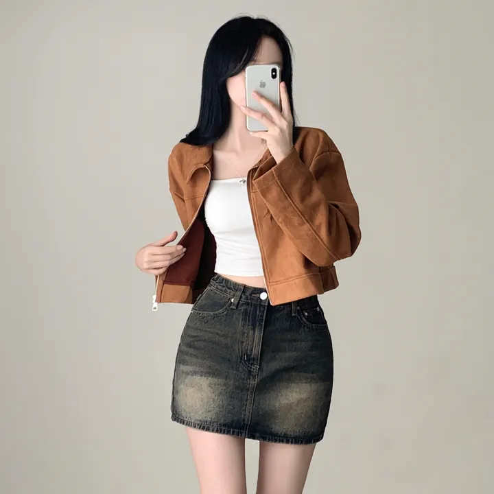 [갓성비템/보들원단!] 메드 카라 스웨이드 절개 긴팔 숏 크롭 자켓 점퍼 상세 이미지 5
