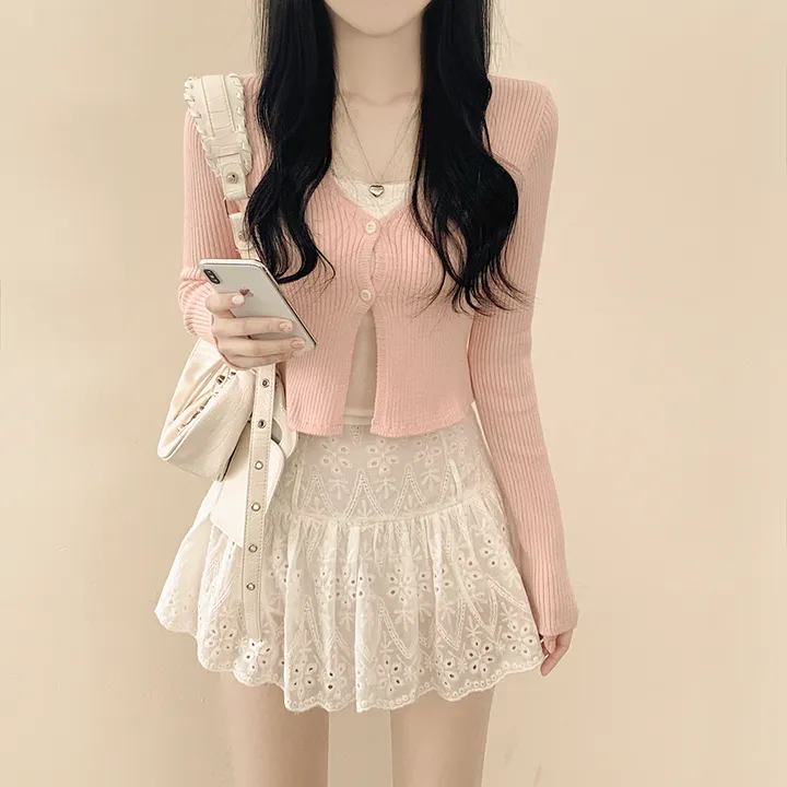 [벚꽃룩🌸/여리색감] 파스텔 크롭 슬림핏 트임 봄여름 니트가디건 딸기우유 핑크 소라 러블리힙 상세 이미지 7