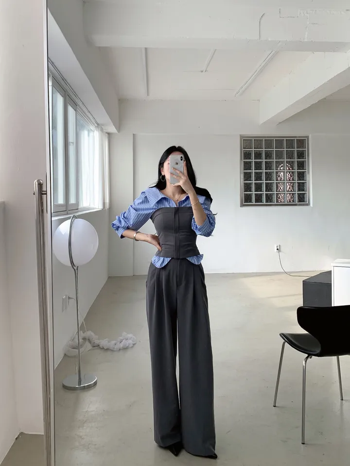 [ SET추천 / 시크페미닌 ] 제이 지퍼 스모크밴딩 크롭 탑 + 슬랙스 투피스 세트 별도구매 오피스룩 하객룩 상세 이미지 18