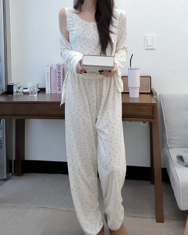 [💌봄할인💌/3피스] 감성 무드 플라워 3피스 가디건 민소매 팬츠 파자마 잠옷 상하 세트 파자마파티 촬영용 잠옷 여리한 여성 잠옷 신혼부부잠옷 #3678 상세 이미지 11