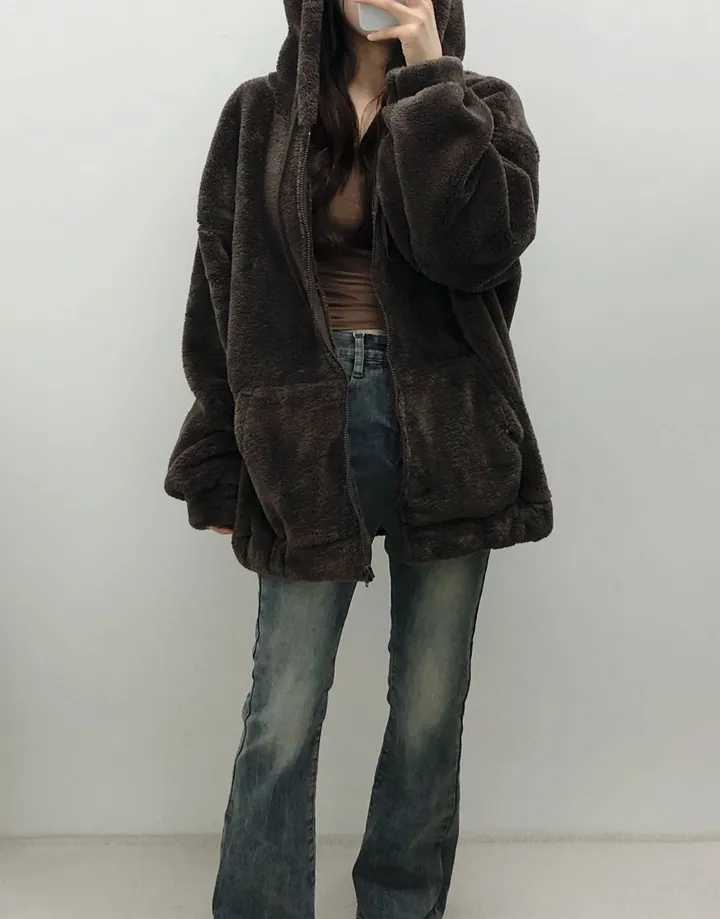 [보아털] 오버핏 포근한 두꺼운 털 빅후드 집업 상세 이미지 7
