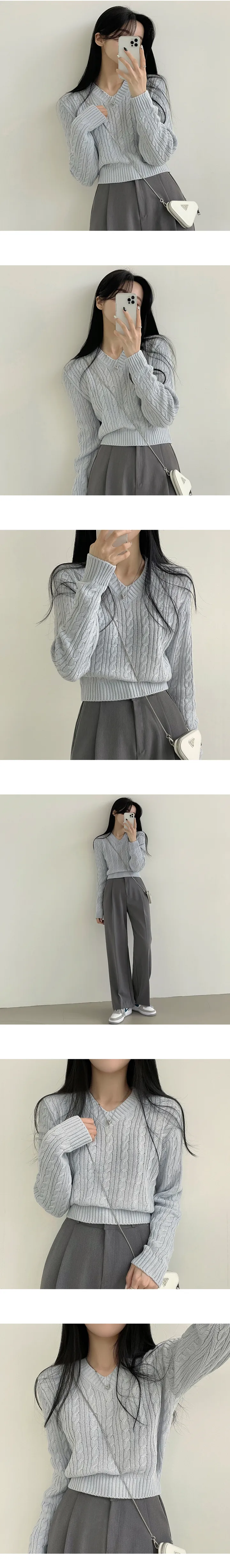 [여리여리~/파스텔톤] 날씬핏, 꽈배기 브이넥 크롭 긴팔니트 (5color) 상세 이미지 2
