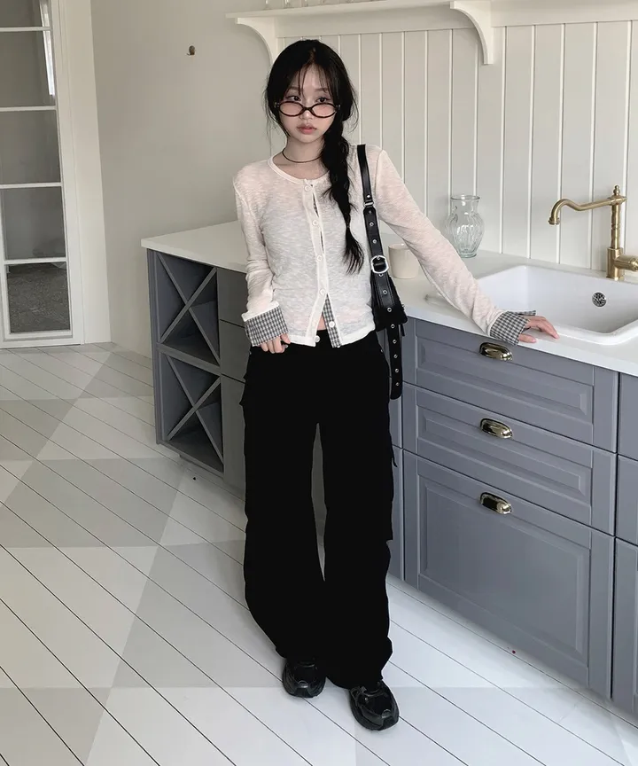 [봄가디건🌷] 띠네 슬럽 배색 체크 커프스 라운드 시스루 니트 가디건 봄 여름 가을 / 봄가디건 여름가디건 레이어드 봄아우터 체크셔츠 뮤잉 상세 이미지 25