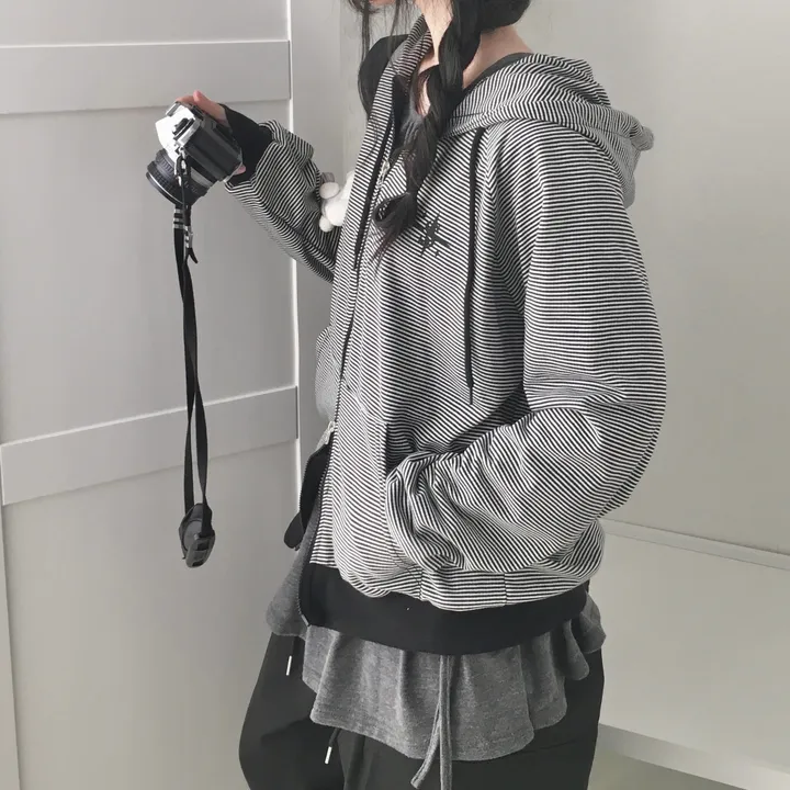 [투웨이지퍼!/유니크힙🖤] 여유핏 루즈핏 스트라이프 단가라 후드 집업 상세 이미지 9