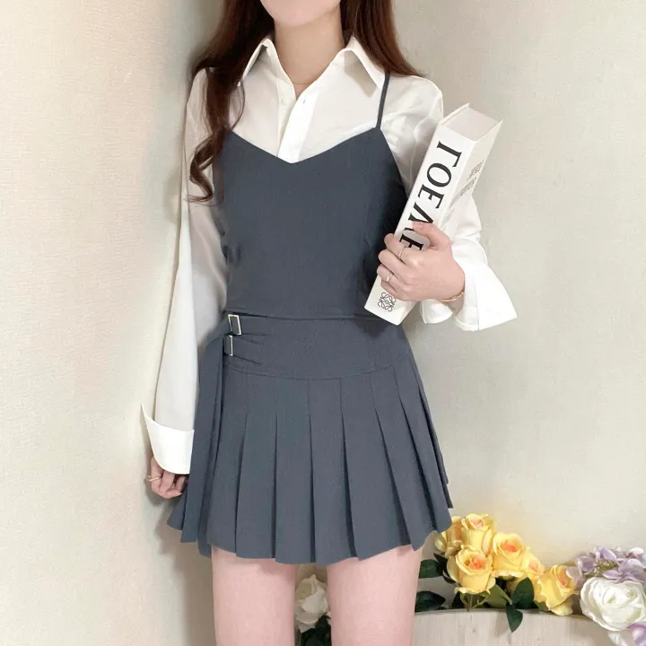 [SET가격] 크롭 뷔스티에 + 플리츠 더블 벨트 스커트 투피스 세트 3color 상세 이미지 7