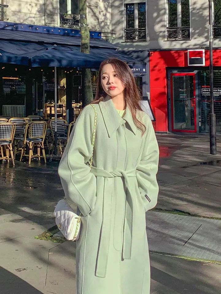 [메리노울100%🤎handmade] 백화점퀄 wool 핸드메이드 롱 울 코트 카라 로브 모직 루즈핏 벨트 싱글 히든버튼 트임 겨울 아우터 네이비 베이지 민트 3col 상세 이미지 46