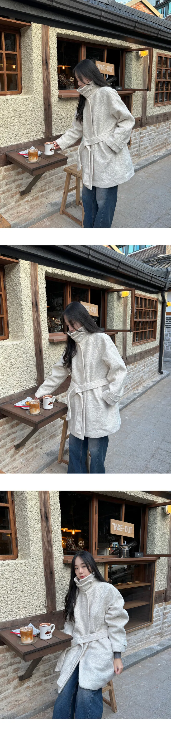 [2온스 누빔안감/울코트] 울 하이넥 뽀글이 스트랩 퍼 부클 하프 코트 상세 이미지 9