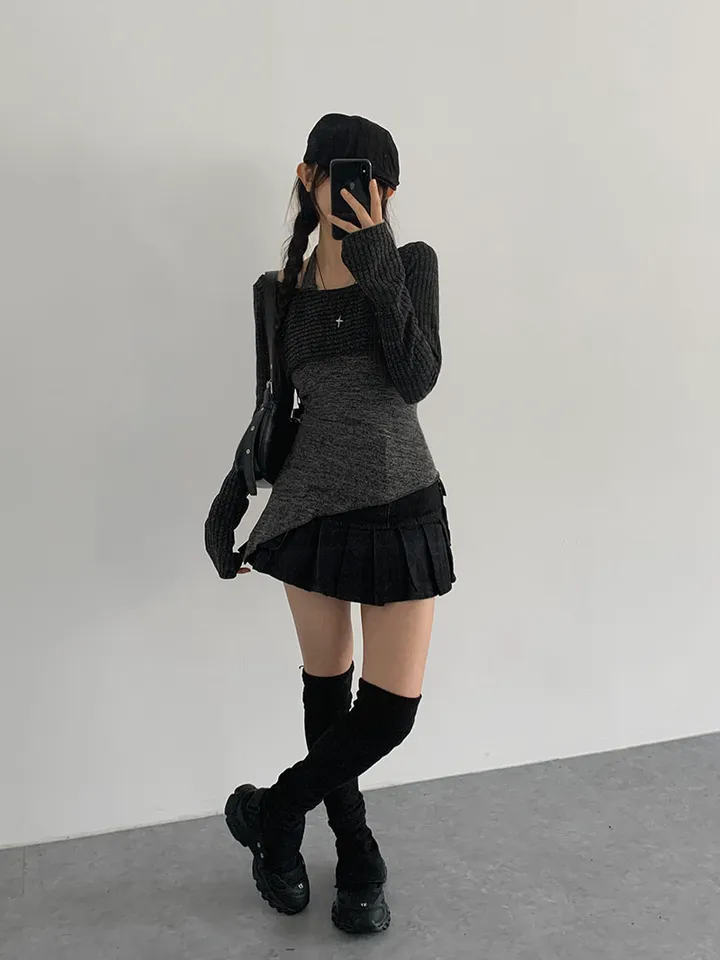 [레이어드세트/몸매보정핏! 뒷모습도완벽🖤 슬림핏 홀터나시 긴팔크롭티 레이어드세트] 리엘사선홀터나시SET 상세 이미지 14