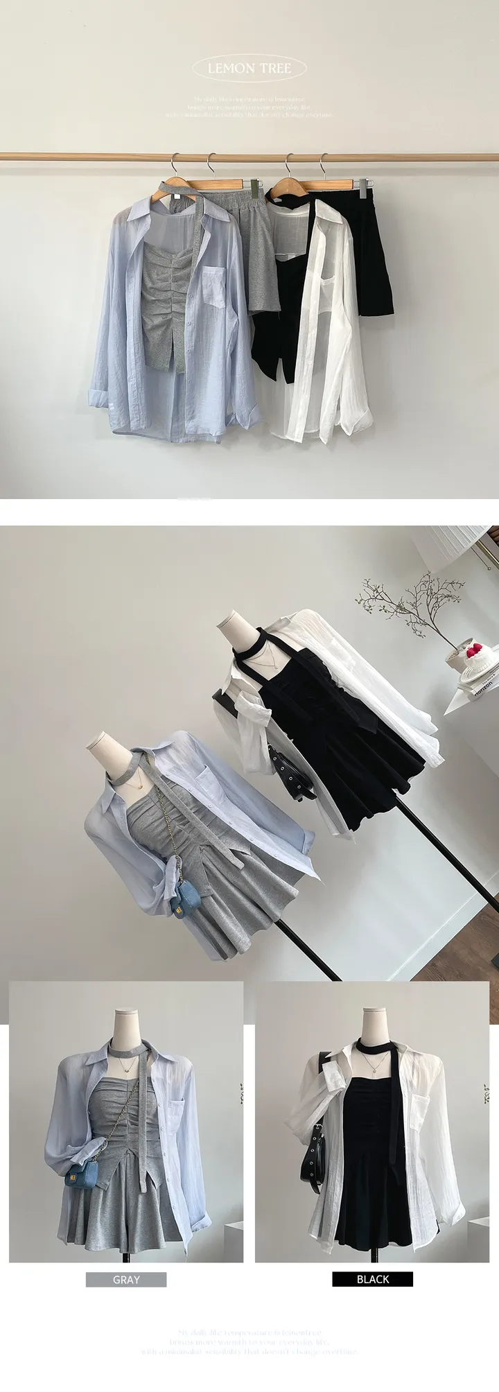 [4pc/세트가격!/페미닌/하이틴] 롤리 뒷트임 셔츠세트 셔링나시세트 밴딩반바지 나시,팬츠세트 머플러세트 4pc (2color) 바캉스룩/휴양지룩/여행지룩 상세 이미지 2