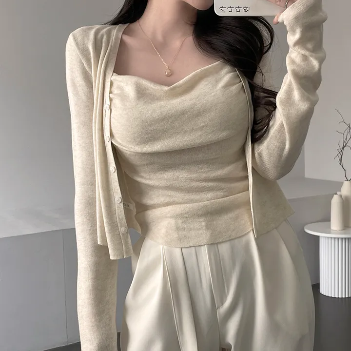 [투피스🧡/청순글램] 가나다란 오렌즈 투피스 드레이프 훌 셔링 슬리브리스 니트 나시 가디건 세트 2color 상세 이미지 14