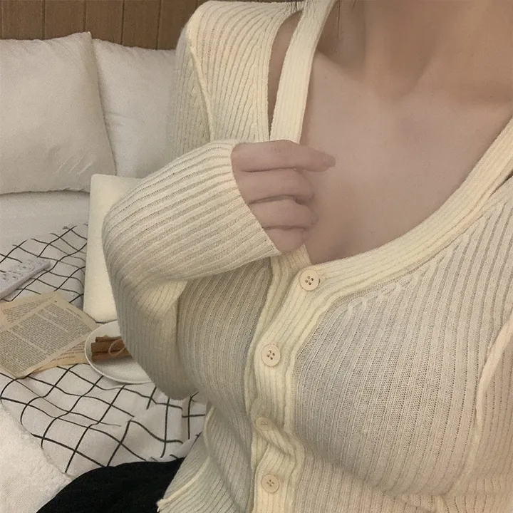 (4col♥) 슬림 골지 브이넥 트임 긴팔 니트 가디건 상세 이미지 11