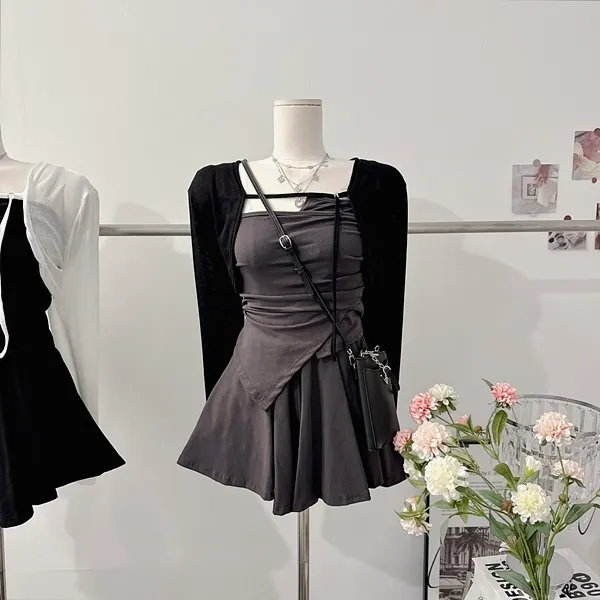 ❤️최저가❤️ *3pc [세트가격!/하이틴!] 펜시 스트랩 셔링나시 언발 사선 튜브탑 크롭나시 긴팔 크롭가디건 니트가디건 볼레로가디건 밴딩 A라인 플레어 미니스커트 여름투피스 세트 상세 이미지 25