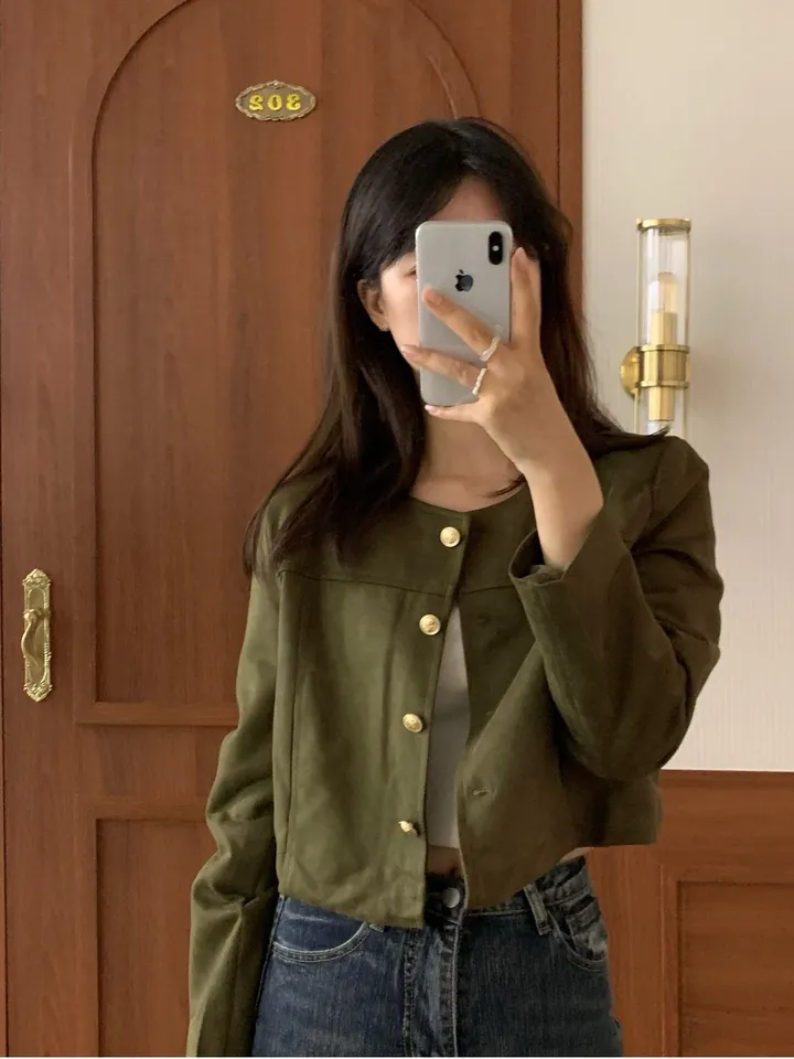 [주문폭주🐱‍🏍3color/가을신상🍂] 노이드 노카라 금장로고 스웨이드 자켓 올드머니룩 페미닌룩 어깨패드 상세 이미지 35