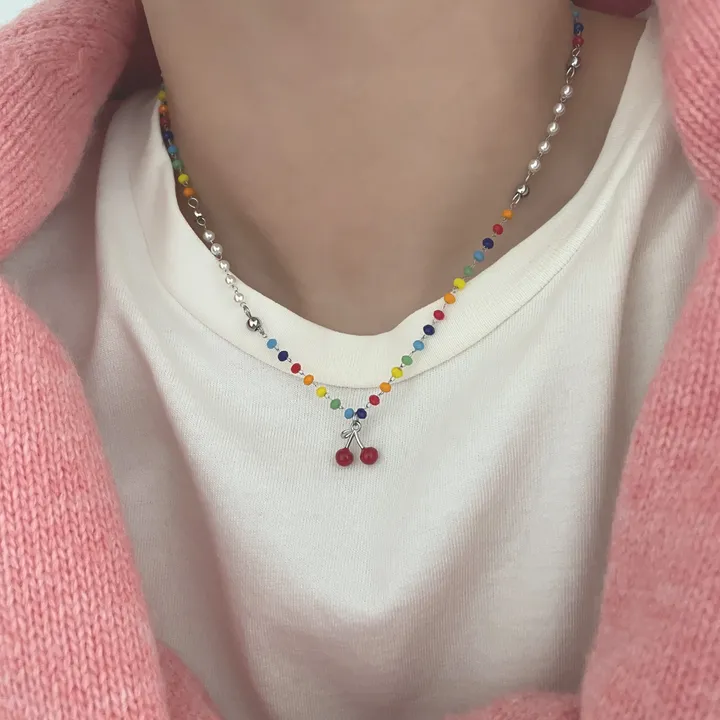 [MADE] ric 써지컬스틸 비비드 비즈 체리 키치 목걸이 상세 이미지 9