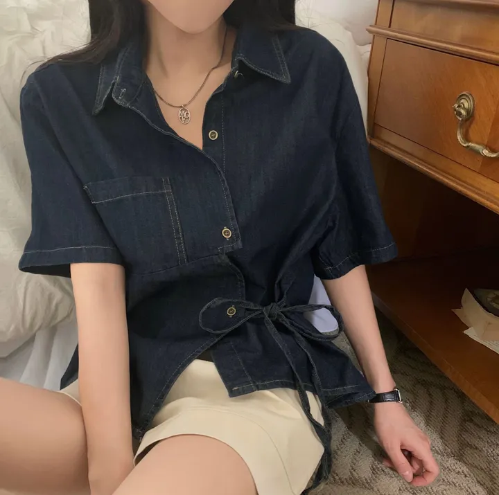 [단독판매🤍/리본포인트!] 데님 사이드 리본 포인트, 루즈핏 카라셔츠 남방 - 2color 상세 이미지 24