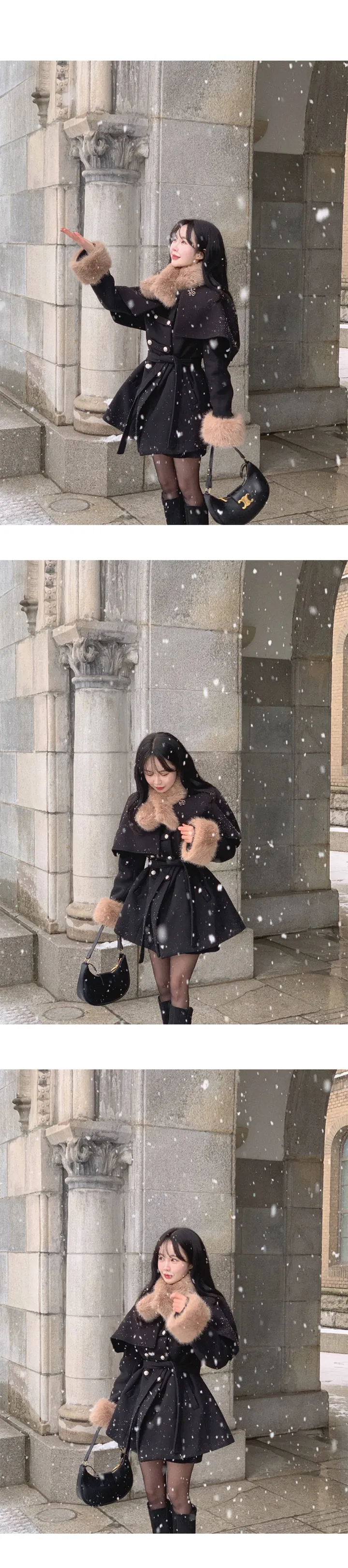 [목도리+케이프+코트set] 쓰리피스 하프 코트  포인트 허리벨트 베로아 케이프 퍼 목도리 벨트 플레어  러블리 하객룩 연말룩  데일리룩 상세 이미지 3