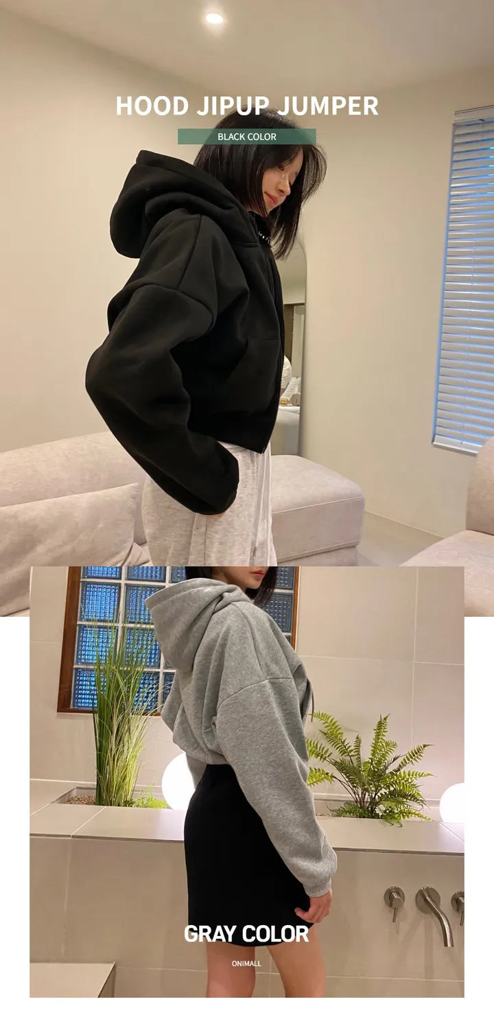 [주문폭주]언더립 기모 오버핏 크롭 투웨이 후드 숏 집업 점퍼(블랙/그레이/차콜) 상세 이미지 1
