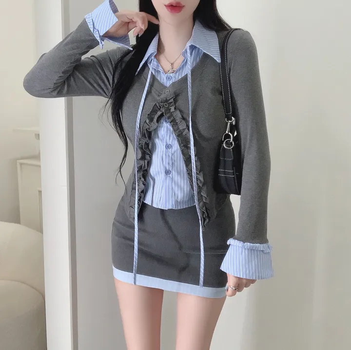 [3COLOR/셔츠일체형] 유닛 스트라이프 셔츠&프릴가디건 레이어드세트/버닝블루 상세 이미지 6