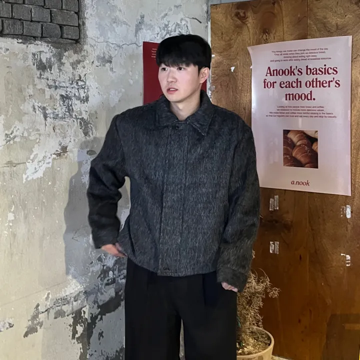 [캐주얼] 배색 남자 커플 오버핏 부클 털 모헤어 울 숏 하프 반 크롭 코트 점퍼 자켓 상세 이미지 15
