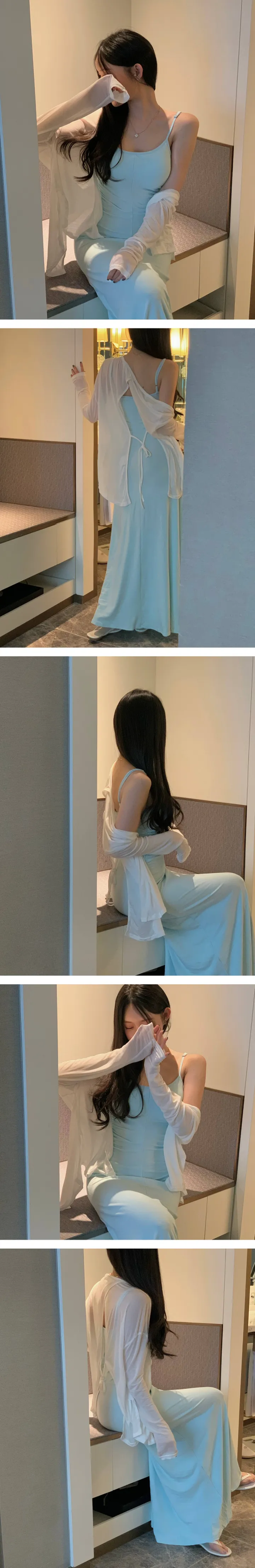 공항SET✈️[원피스+가디건세트] 캡내장⭕ 쫀쫀 스판 셔링 이너 맥시 끈 나시 롱원피스 커버업 여리 리본 백 트임 롱 언발 시스루 가디건 세트 원피스세트 상세 이미지 8