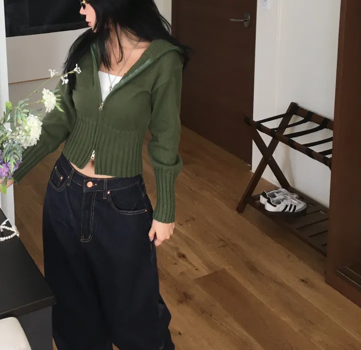 [간절기신상/허리잘록!] 데일리 투웨이 카라넥 하이넥 세미 크롭 니트 집업 상세 이미지 6