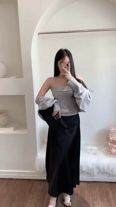 [찐애정템ㅠ고퀄버전*나시볼레로setෆ부유방삭제핏] 빈츠 꽈배기 끈나시 + 루즈핏 긴팔 볼레로 세트 니트 탑 나시 크롭 볼레로 가디건 스판 긴팔 투피스 세트 봄 가을 데일리룩 데이트 상세 이미지 28