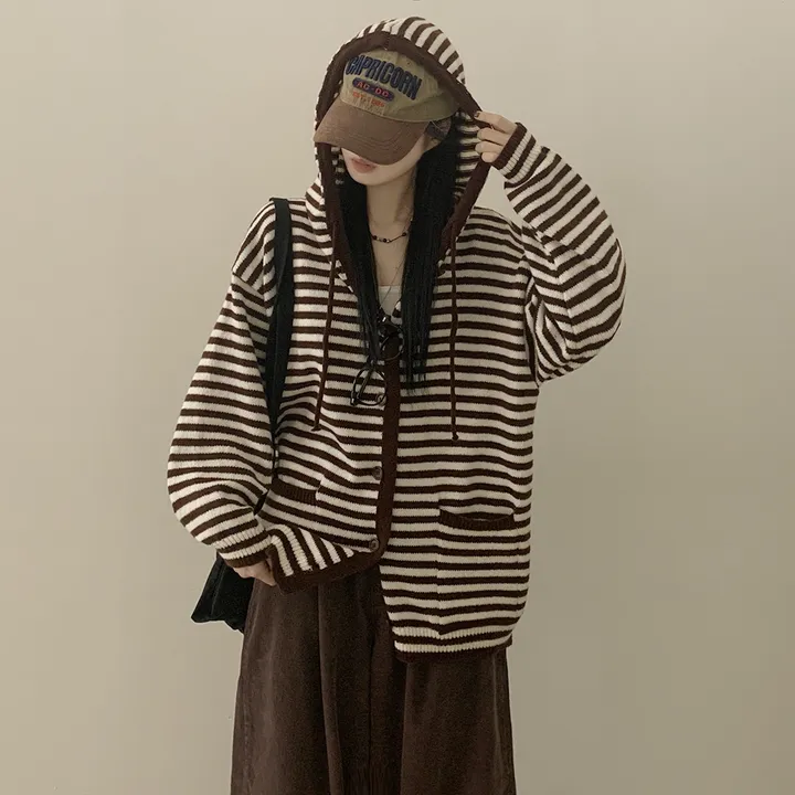 [울함유/폭닥✨] 빈티지힙 오버핏 스트라이프 단가라 니트 후드가디건 단추 집업 상세 이미지 13