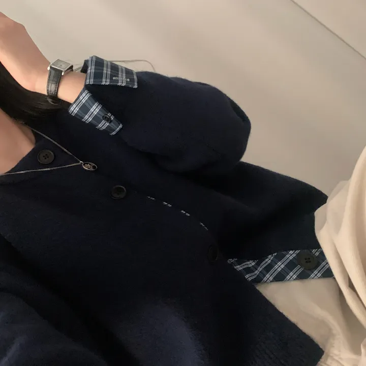 [저렴이X,원단달라요!/긱시크🤍] 버른 체크 레이어드 셔츠 배색 니트 가디건 - 5color 상세 이미지 34