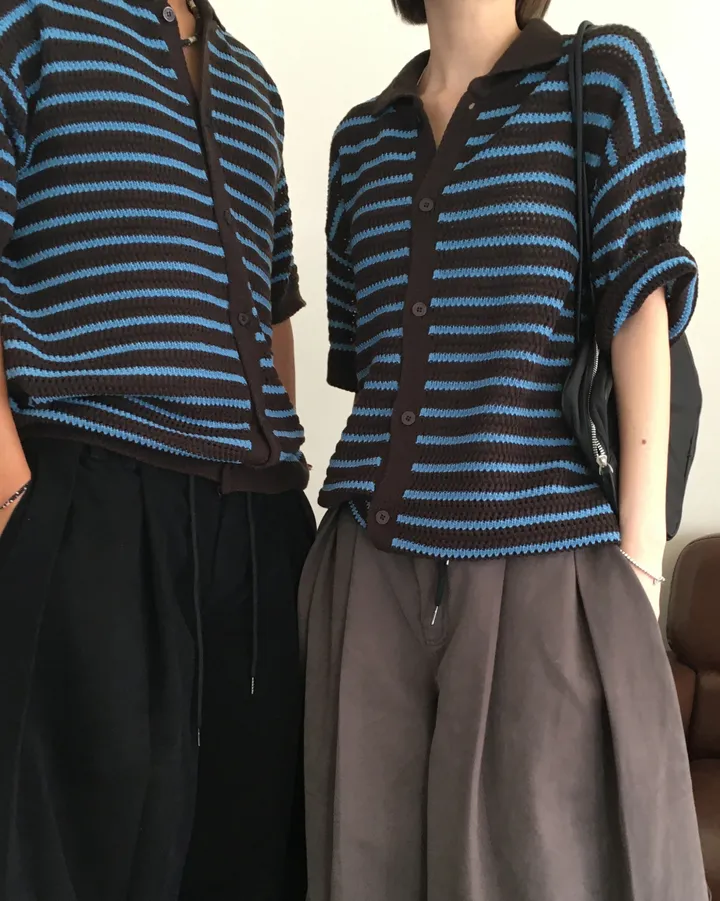 [온트추천] (UNISEX) 모리 스트라이프 카라 반팔 가디건 상세 이미지 11