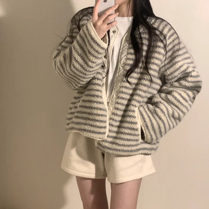 [봄신상/아방뽀글이] reversible fleece stripe snap button jacket 상세 이미지 7