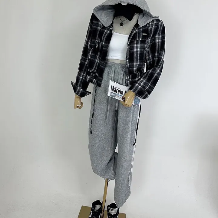 [패드내장/데일리/캐주얼/코디추천템] 크롭 체크 후드 배색 패치 스트링 셔츠 남방 상세 이미지 19