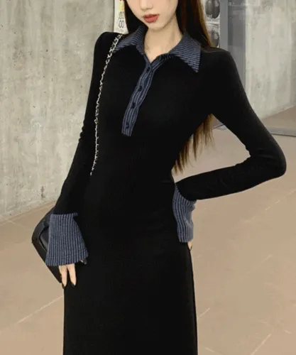 배색카라 빅퍼프소매 슬림핏 베이직 심플 롱원피스 SE3089