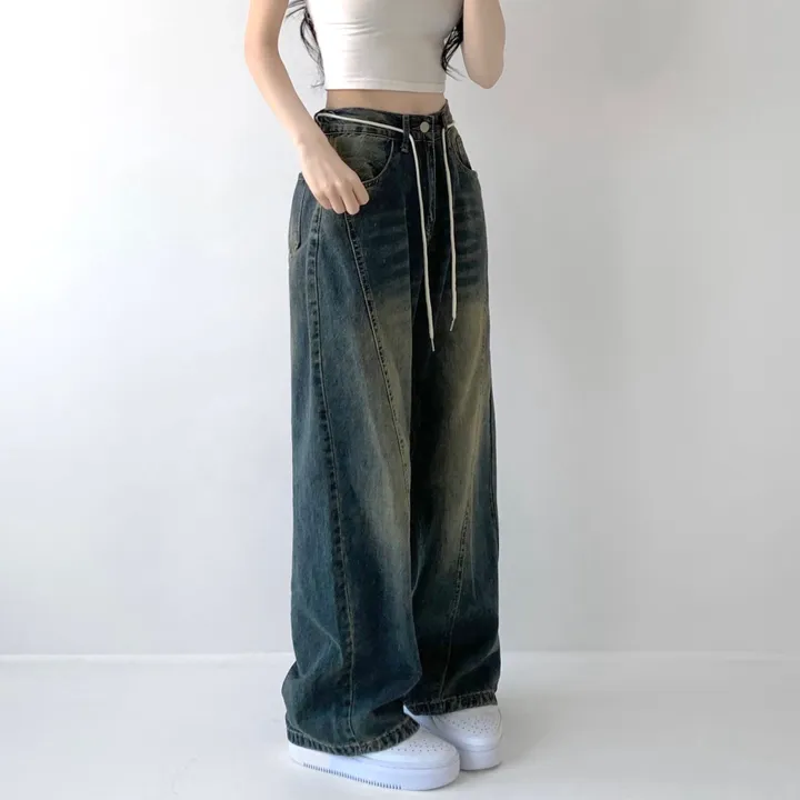 [색감깡패🖤/끈탈부착O] 미드나잇 뒷밴딩 스트링 스트랩 하이웨스트 절개라인 빈티지 워싱 롱 와이드 데님 팬츠 밴딩바지 청바지 사계절청바지 상세 이미지 24