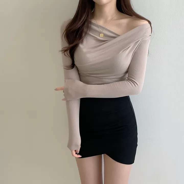 [🚀당일발송🚀]💗MADE💗 글램 촉촉 셔링 오프숄더 슬림 티셔츠 5color 상세 이미지 8