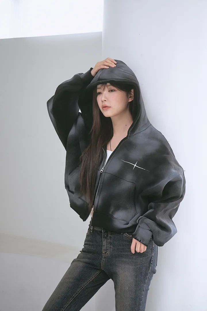 [UNISEX] 빈티지 워싱 더티 투웨이 후드집업 크롭 워싱  피그먼트 오버핏  핸드워머  커플룩 스트릿룩 빈티지룩 남여공용 유니섹스 크롭집업  빅사이즈 유니크 봄신상신상 물나염 상세 이미지 4