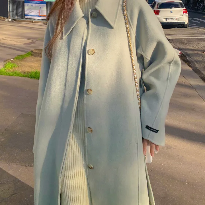 [메리노울100%🤎handmade] 백화점퀄 wool 핸드메이드 롱 울 코트 카라 로브 모직 루즈핏 벨트 싱글 히든버튼 트임 겨울 아우터 네이비 베이지 민트 3col 상세 이미지 23