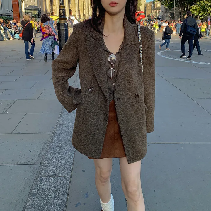 [wool70%🤎클래식무드] 모직 헤링본 핸드메이드 하프코트 자켓 반코트 아우터 절개 트임 코트 고퀄리티 루즈핏 봄 간절기 데이트룩 개강룩 4COL 상세 이미지 24