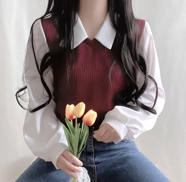 [셔츠+니트 일체형!] 포밍 레이어드 카라 벌룬 배색 니트 블라우스 4color 베이지 핑크 소라 블랙 상세 이미지 21