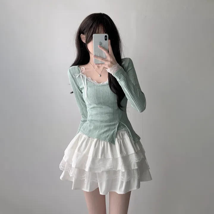 [은은한펄/러블리] 트윙클 골지 슬릿 펄 긴팔 티셔츠+레이스 리본 나시&슈아 밴딩 캉캉 미니 스커트 투피스 쓰리피스 코디세트 단품 세트 상세 이미지 11
