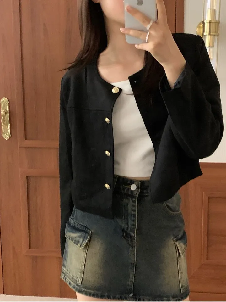 [주문폭주🐱‍🏍3color/가을신상🍂] 노이드 노카라 금장로고 스웨이드 자켓 올드머니룩 페미닌룩 어깨패드 상세 이미지 39