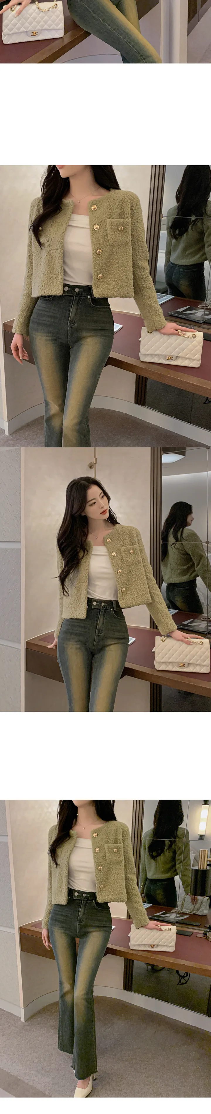 [당일배송🚀/1+1할인/하객룩추천✨/봄까지쭉!] 바이드 노카라 라운드넥 골드버튼 뽀글 세미크롭 베이직 트위드 자켓 상세 이미지 29