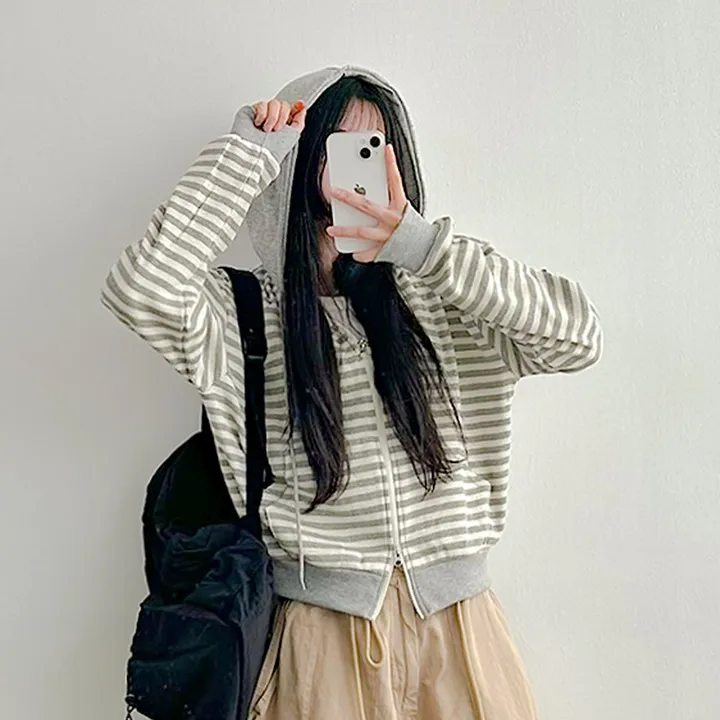 [캐주얼힙/투웨이] 스트라이프 단가라 배색 투웨이 지퍼 세미크롭 얇은 후드 집업 점퍼 봄 가을 간절기 아우터 모즈잔줄배색후드집업 상세 이미지 29