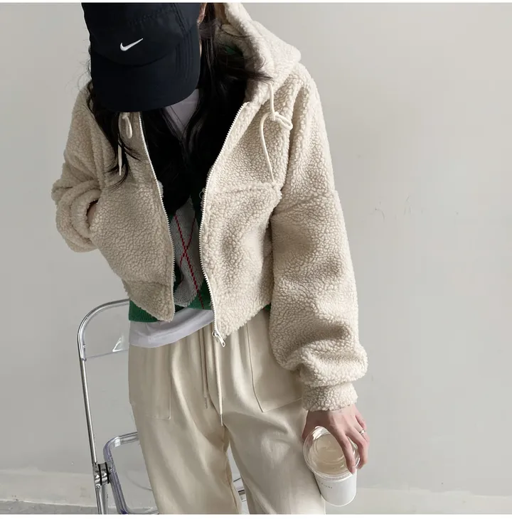 [국내생산/휘뚜루 마뚜루템!]뽀글이 덤블 크롭 후드 집업(3color) 핑크래빗 상세 이미지 8