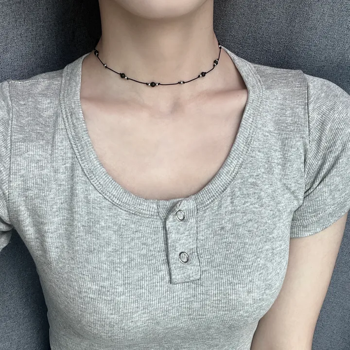 [써지컬] 무채색 블랙 오닉스 원석 써지컬 볼 매듭 끈 초커 목걸이 상세 이미지 4