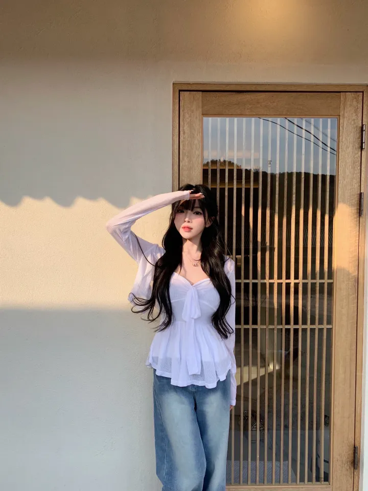 [무조건강추/여신핏💗] 프릴 리본 나시 블라우스 가디건 투피스 세트 상세 이미지 1