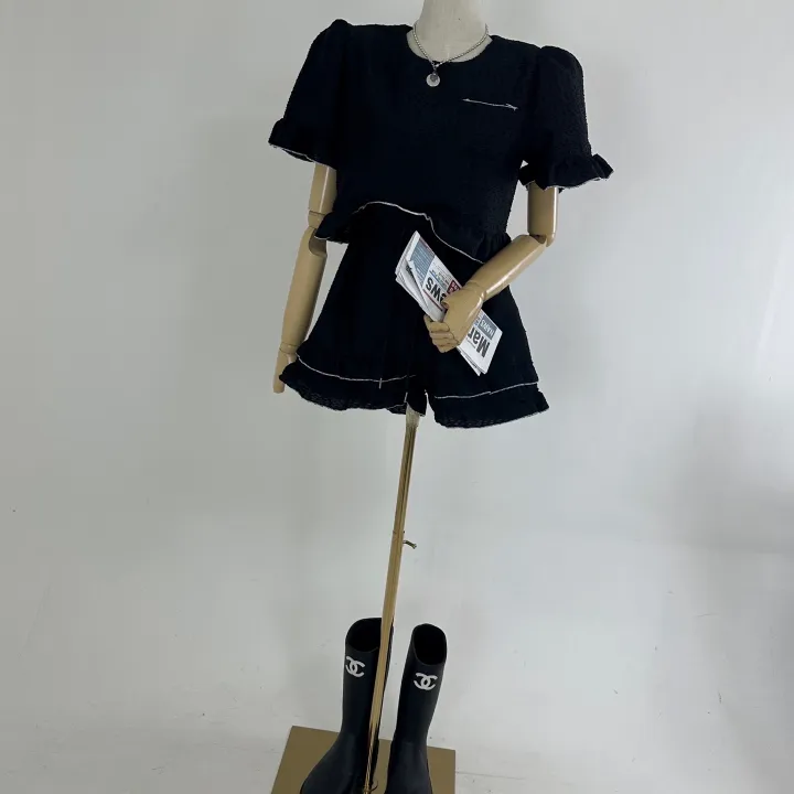[패드내장/러블리/귀여운/트레이닝세트] 루즈핏 러플 포켓 배색 프릴 부클 지지미 블라우스 티셔츠 + 하이 밴딩 이단 프릴 배색 숏팬츠 SET (3COLOR) 상세 이미지 29