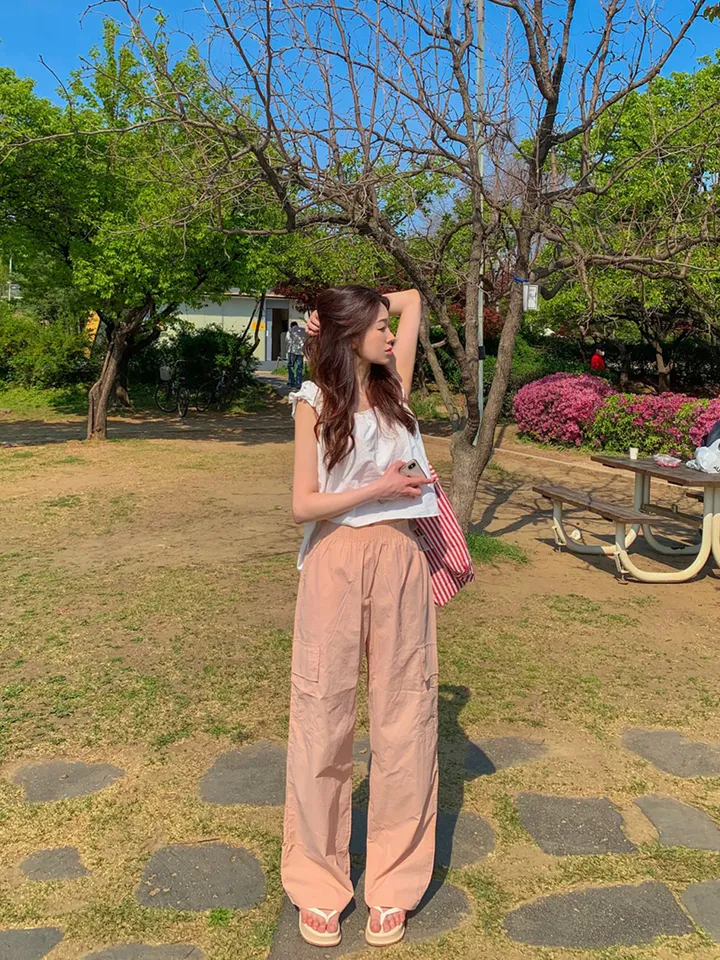 [묶음할인🎁간절기🤎롱&숏/진짜강추ㅠ] 아이스 바스락 나일론 썸머 카고 와이드 트레이닝 팬츠 하이웨스트 밴딩 봄 츄리닝 바지 냉장고 벚꽃룩 꽃놀이룩 개강여신 6COL 상세 이미지 46