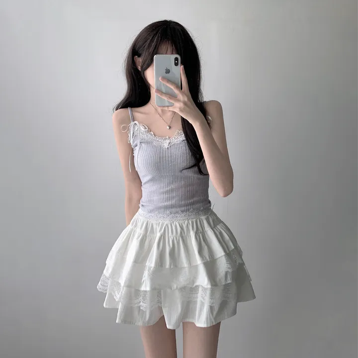 [은은한펄/러블리] 트윙클 골지 슬릿 펄 긴팔 티셔츠+레이스 리본 나시&슈아 밴딩 캉캉 미니 스커트 투피스 쓰리피스 코디세트 단품 세트 상세 이미지 9