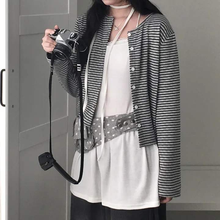 [반전 도트안감🖤/뒷태패치 포인트!!] 빈티지 감성 낭낭🪽 도트안감 패치 단가라 스트라이프 긴팔 가디건 엔젤코어 상세 이미지 22