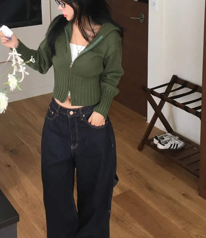 [간절기신상/허리잘록!] 데일리 투웨이 카라넥 하이넥 세미 크롭 니트 집업 상세 이미지 7